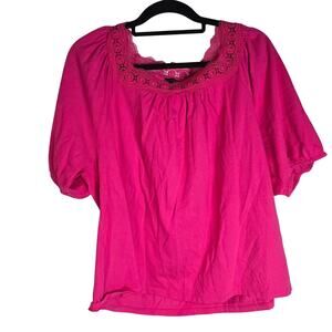 Talbots Blouse Boho Short Puff Sleeve Crochet Square Neck Spring Top Hot Pink XL